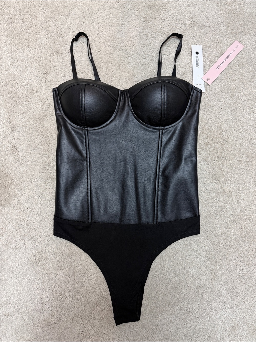 Aqua Black Faux Leather Bustier Thong Bodysuit